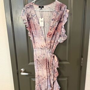 7 For All Mankind Wrap Dress XL NWT Boho Ruffle Midi Pink Print